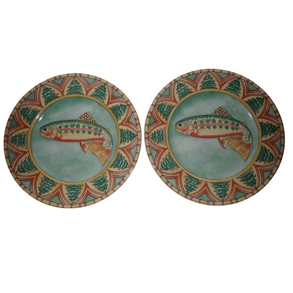 Splash by Siddhia Hutchinson Essex Golden Trout Green Dinner Plate Fish lot of 2 - Picture 1 of 6